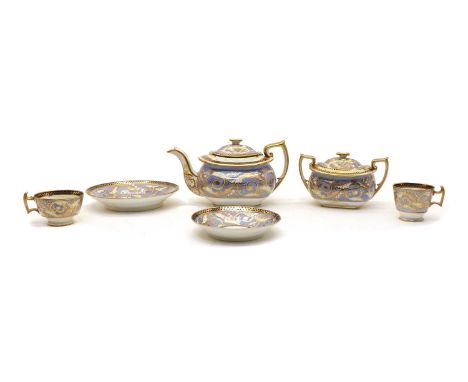 A collection of teawares, early to mid-19th century, 'in the manner of Spode', comprising a teapot, 26cm wide, a lidded sugar