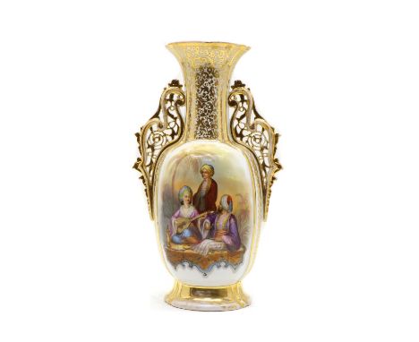 A Jacob Petit vase, c.1850, finely painted with a panel of a Turkish noble family, after an engraving by Thomas Allom, applie