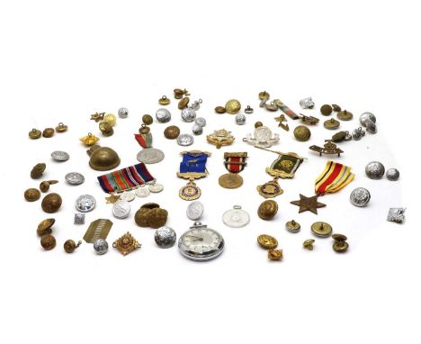 A collection of military badges buttons and medals, to include National Fire Service, Lancashire Ambulance, Royal West Surrey