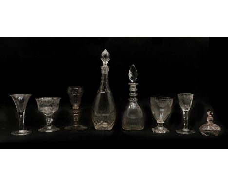 Glassware, including, a George III wine glass with a drawn trumpet stem, a tear drop and folded foot, 15cm wide, a George III