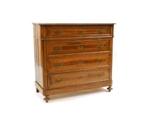 A walnut commode, late 19th Century, Italian, the grey marble top over four cross banded drawers on turned feet, 114cm wide, 