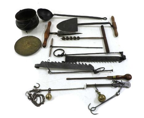 A collection of tools, 18th century and later, to include a steelyard, impressed 'Class III TO WEIGH 60LB WALTER PARAX', with