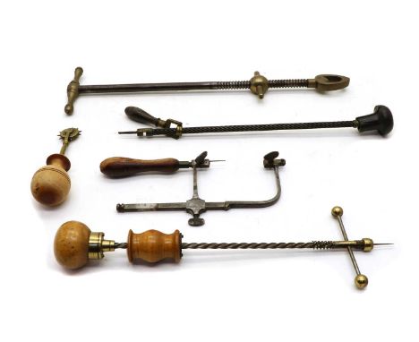 A collection of tools, to include a jewellers piercing saw, 20.5cm long, an Archimedes drill, 32cm long, another similar exam