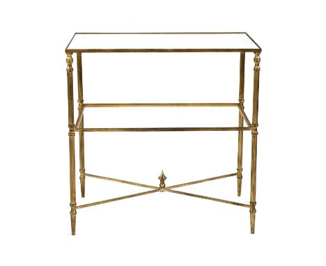 A Regency-style mirrored glass and gilt-metal side table, of recent manufacture, with two tiers united by reeded supports and