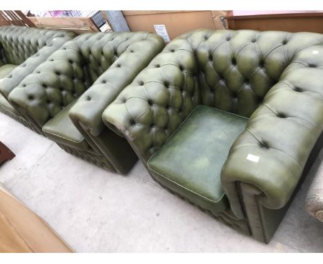 TWO GREEN BUTTON BACK LEATHER CHESTERFIELD ARMCHAIRS 
