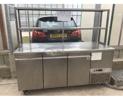 A DAWNVALE STAINLESS STEEL THREE DOOR REFRIGERATED SERVING UNIT WITH UPPER SERVING SHELF 175CM X 71CM X 156CM HIGH (TO TOP OF