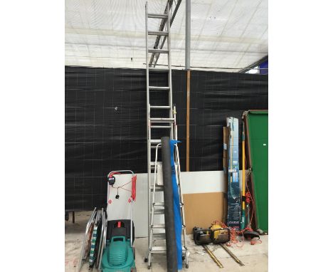 THREE LADDERS TO INCLUDE AN ALLOY FOUR STEP LADDER, AN ALLOY STAIRWELL FIVE AND SIX RUNG TWO SECTION LADDER AND A TWO SECTION