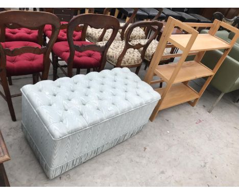 A BUTTON TOP OTTOMAN AND A BEECH BOOKCASE 