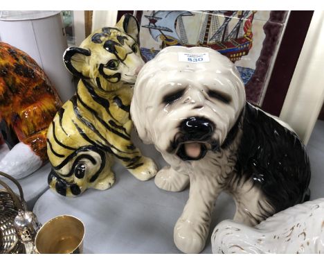 A LARGE CERAMIC SHEEP DOG AND TIGER MODEL 
