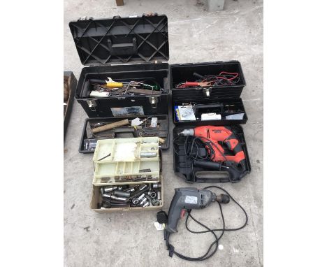 VARIOUS TOOLS TO INCLUDE A BLACK AND DECKER DRILL, A PERFORMANCE HAMMER DRILLSOCKETS, TOOL BOXES ETC IN WORKING ORDER 