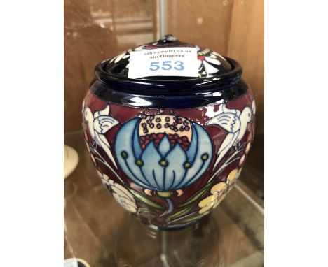 A MOORCROFT POTTERY 'CHAUSABLE' PATTERN LIDDED JAR / VASE, FINIAL A/F 