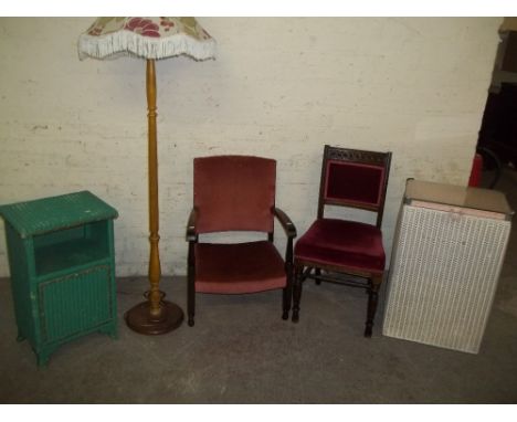 5 ITEMS TO INCLUDE WICKER LINEN BOX, BEDSIDE CABINET 2 CHAIRS AND A STANDARD LAMP