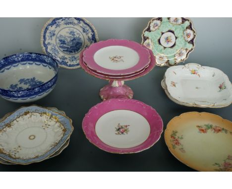 A quantity of Victorian ceramics including dessert service elements, Comports, a Doulton Burslem bowl and Royal Worcester pla