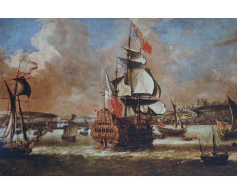 After an anonymous 18th Century artist Royal Navy and other vessels off the Coast at Dover castle, contemporary print on canv