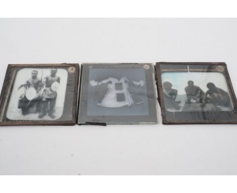 Three Victorian magic lantern photographic slides depicting Zulus and Sudan Campaign Mahdist clothing etc 