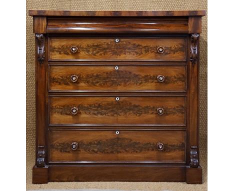 A fine Victorian flame-figured mahogany Scotch chest, 132 cm x 60 cm x 133 cm