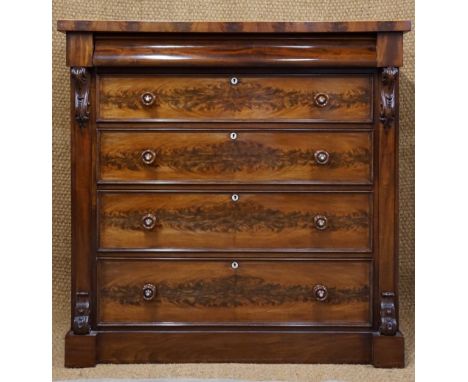 A fine Victorian flame-figured mahogany Scotch chest, 132 cm x 60 cm x 133 cm