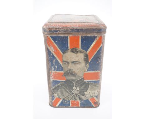A Boer War period printed tinplate tea caddy, bearing portraits of Lord Kitchener, Lord Roberts, General French, General Redv