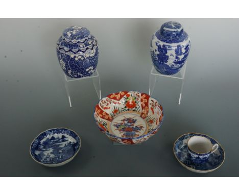 An Imari bowl, two blue-and-white ginger jars and a Chinese export porcelain cup and saucers