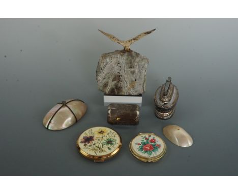 Collectors' items including Stratton compact and one other, a table lighter, cold painted bird paperweight etc.