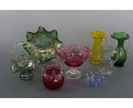 A group of late 19th / early 20th Century glass ware including a carnival glass bowl, cranberry, ruby flashed, enamelled and 