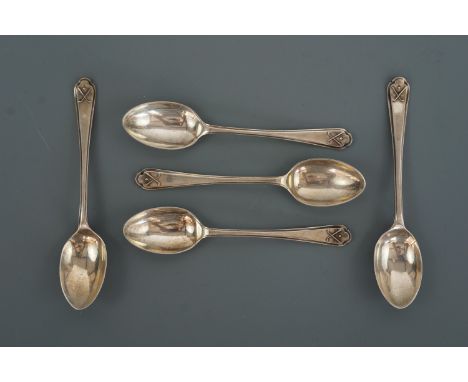 Five 1930s silver coffee spoons, their terminals bearing crossed golf club devices, Walker &amp; Hall, 1932