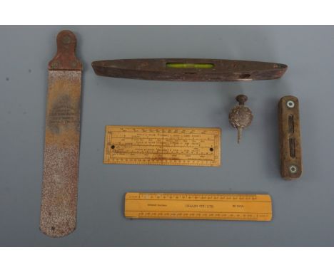 Tools and instruments including a Rabone torpedo level and one other, a brass plumb bob, a Harling box wood protractor / scal