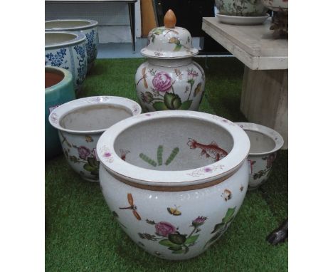 CERAMIC, famille rose, four pieces including a baluster vase, jardiniere, small jardiniere and small carp bowl (with faults, 