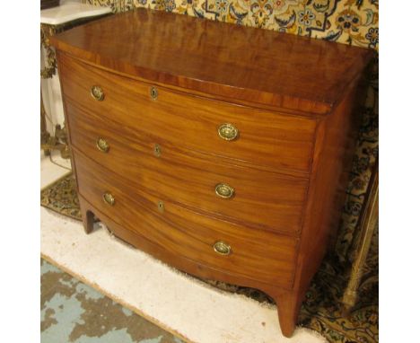 BOWFRONT CHEST, late George III mahogany with three long drawers below on swept bracket feet, 100cm W x 85.5cm H x 49cm D. 