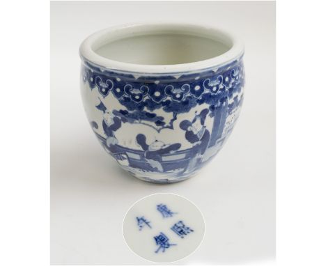 CHINESE CERAMIC JARDINIERE, 19th century, with blue and white design of children playing and women in a landscape, 23cm diam 