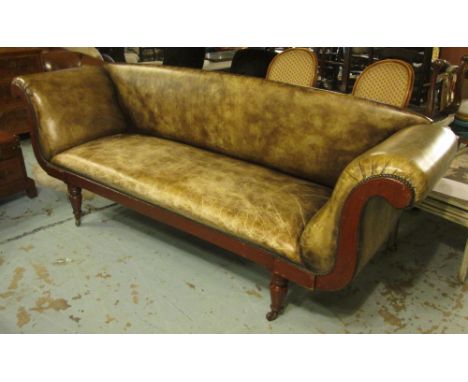 SOFA, early Victorian manner painted with scrolled arms and distressed green leather upholstery on short turned supports with