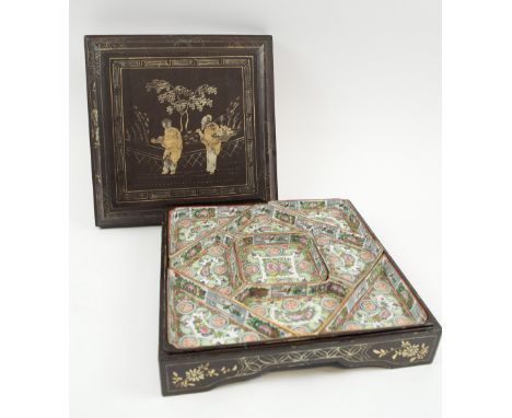 CHINESE LACQUER BOX, fitted ceramic hor d'oeuvres dishes in the famille verte palette, 29cm x 29cm. 
