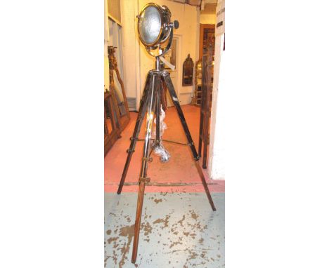 STUDIO LAMP, designer style, brass and chrome, adjustable on tripod supports, 171cm H x 93cm as pictured.