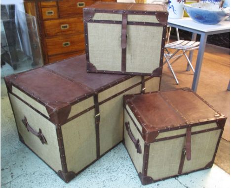 TRUNK, Ralph Lauren style hessian and brown leather, 54cm H x 100cm W x 59cm D, and a pair of matching smaller trunks, 41cm H