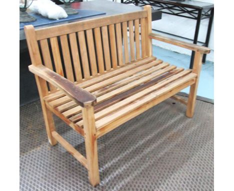 GARDEN BENCH, in slatted teak, on square supports, 130cm L. 
