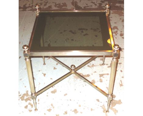 LAMP TABLES, a pair, Regency style silvered metal, each with square tinted glass top and X stretcher support, 40cm x 40cm x 4