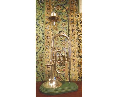 NICKEL PLATED HORN, coverted into a lamp, 86cm H.