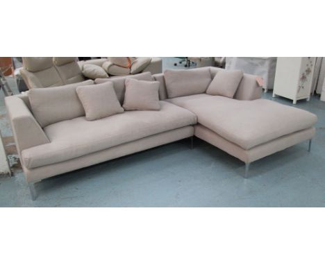 CORNER SOFA, in neutral fabric on chromed metal supports and scatter cushions, 271cm x 176cm.