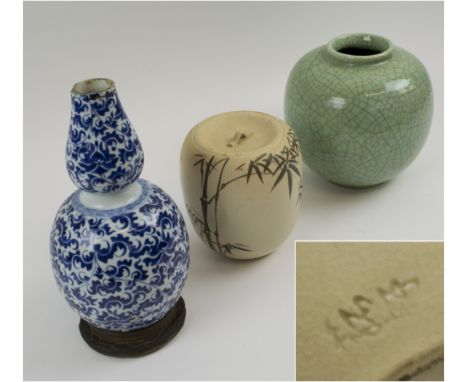 ORIENTAL CERAMICS, comprising a green crackle glazed ginger jar, a lidded pot and a blue and white lamp base adapted from an 