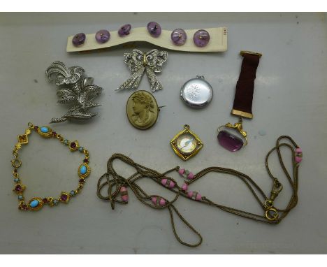 Costume jewellery, amethyst quartz buttons, a compass fob and a watch fob 