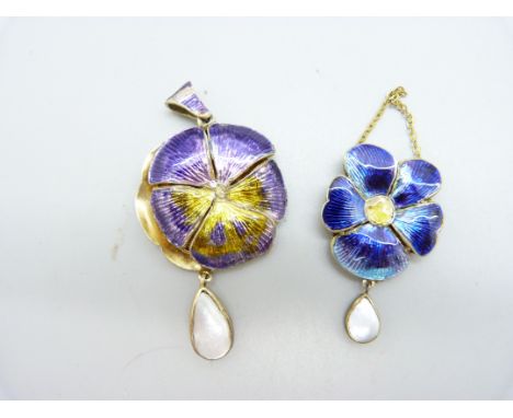Two enamelled lockets with mother of pearl drops, (enamel of one a/f) 