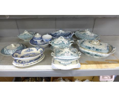 Six Staffordshire vegetable dishes and covers, one with ladle, and a collection of blue and white china, Mason's Wedgwood and