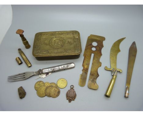 Trench art, a Christmas tin, Royal Arsenal Co-operative Society tokens, etc. 