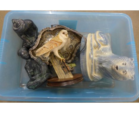 A pair of resin figures of Chinese Scholars, one a/f, a Staffordshire pottery lion, a Border Fine Arts barn owl, tail feather