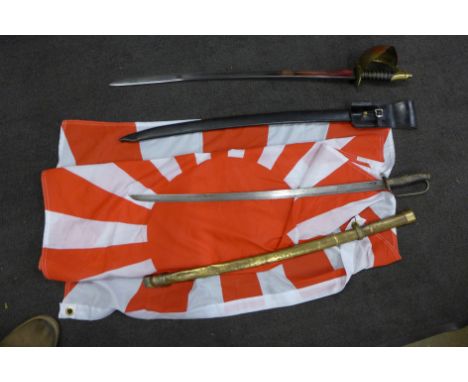 A basket hilt sabre with leather scabbard and a reproduction Japanese Naval sword with a flag 