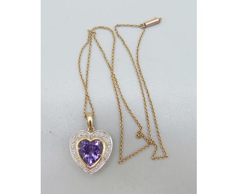 A 9ct gold, amethyst and diamond pendant and chain, 5.1g 