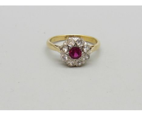 An 18ct gold, ruby and paste cluster ring, 3.2g, L 
