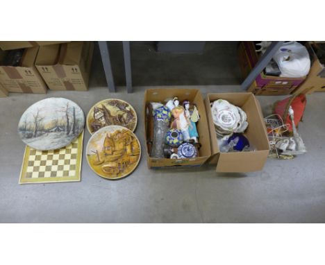 Two boxes of mixed china, glassware, large plates and a chessboard and pieces, a/f, a lamp and Chinese ginger jars**PLEASE NO