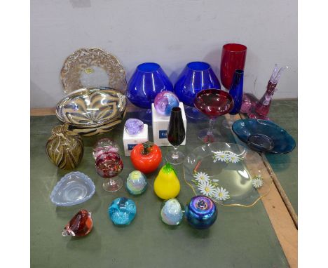 A collection of coloured glass and paperweights including Caithness and two caithness boxes 