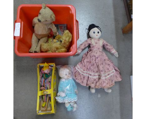 Two Teddy bears, The Jolly Jig-Saw Book, a Pelham puppet and two dolls**PLEASE NOTE THIS LOT IS NOT ELIGIBLE FOR POSTING AND 